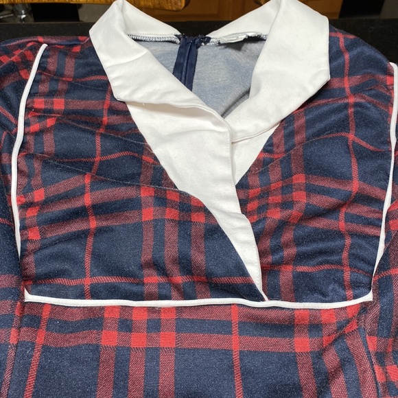 Unique vintage XL 14 Red blue and white gorgeous dress back zipper poly,… - Picture 3 of 4